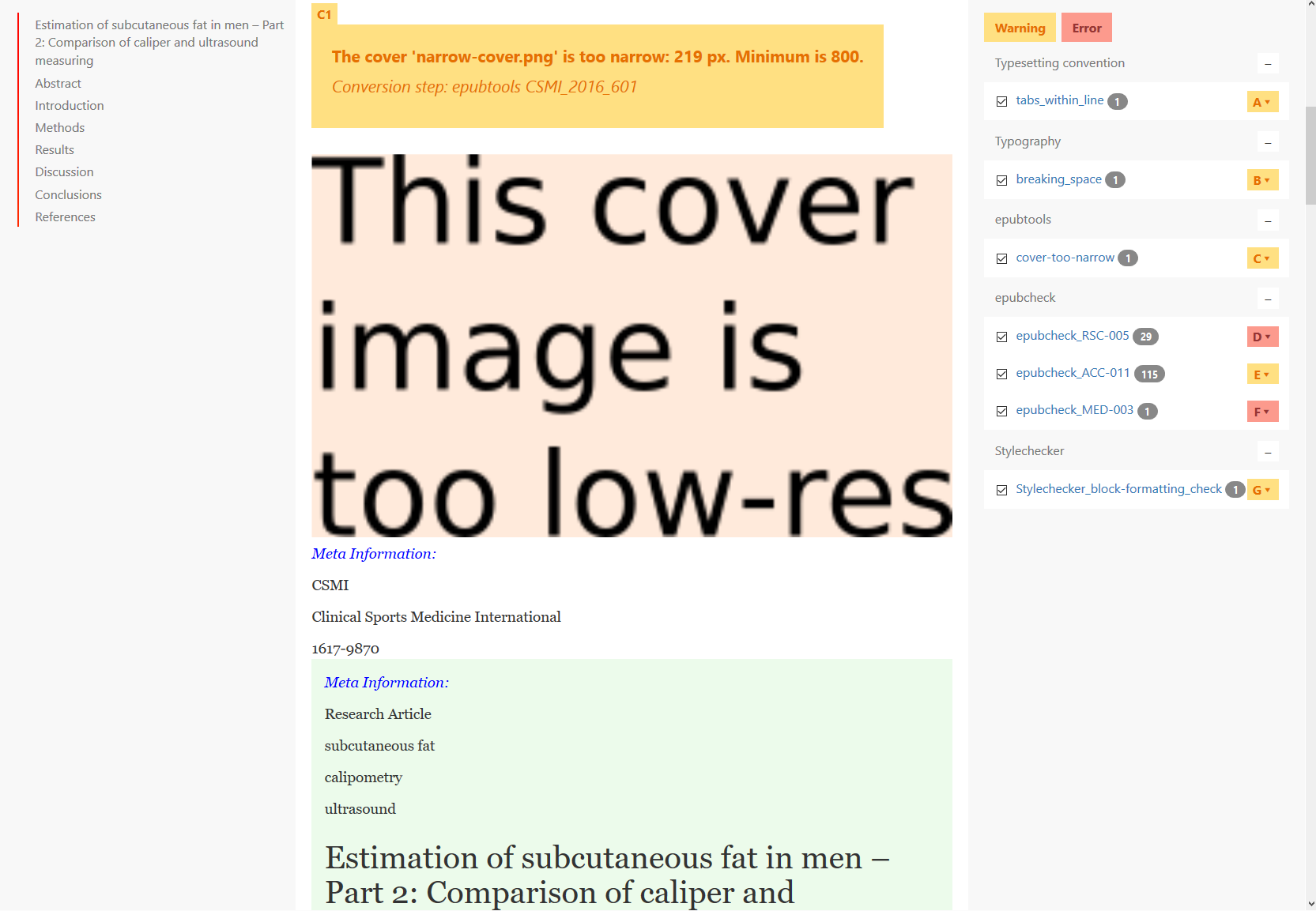 sample HTML report, complaining about insufficient cover pixel width